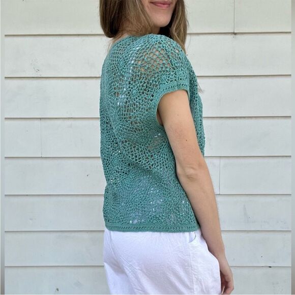 Y2K Teal Crochet Short Sleeve Cardigan Coverup Button Closure - Picture 7 of 7